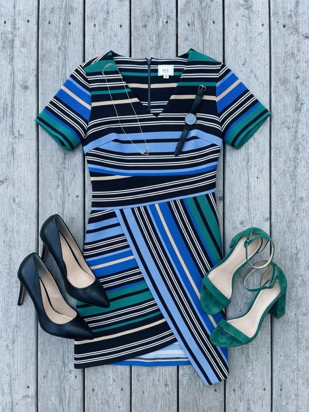 ECI Striped V-Neck Asymmetrical Dress in Blue, Green, Black
